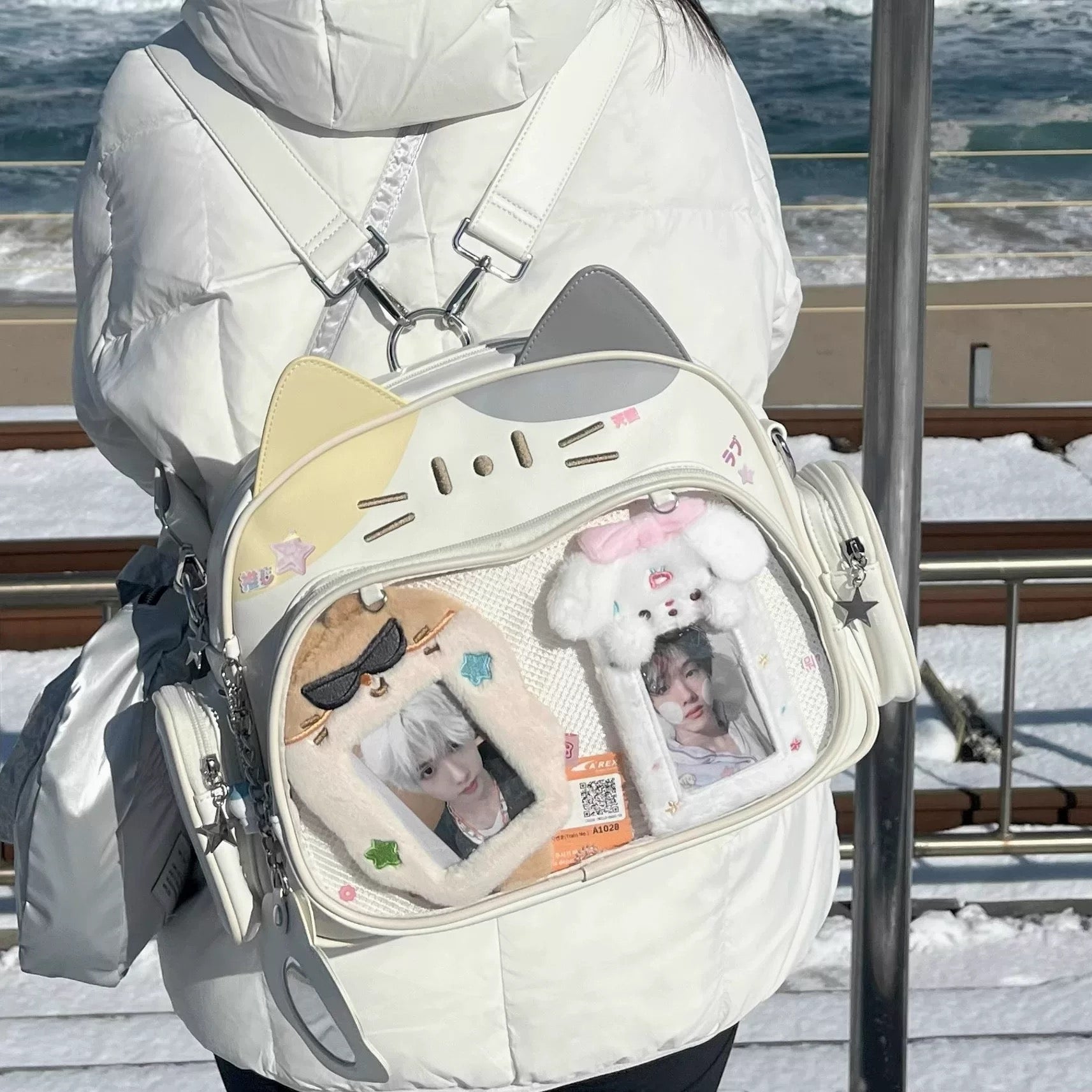 Kawaii Cat Whiskers Embroidery Ita Backpack Clear Window Display Bag Cute Anime Style